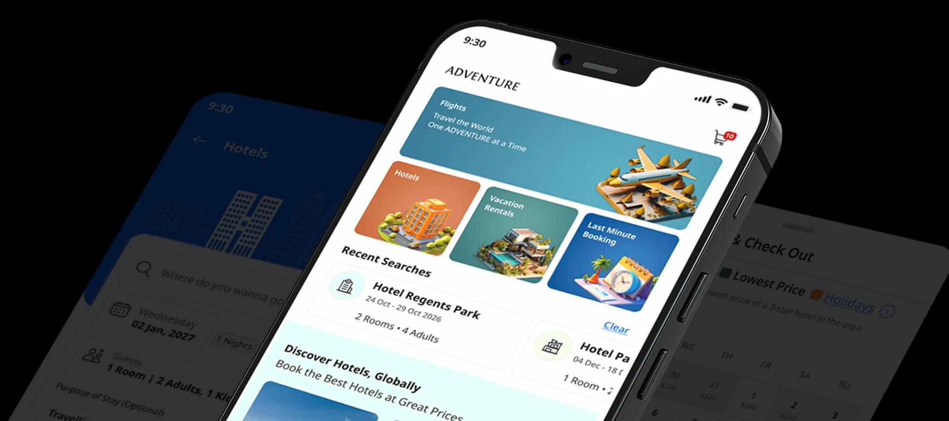 Mobile app preview showing hotel booking interface